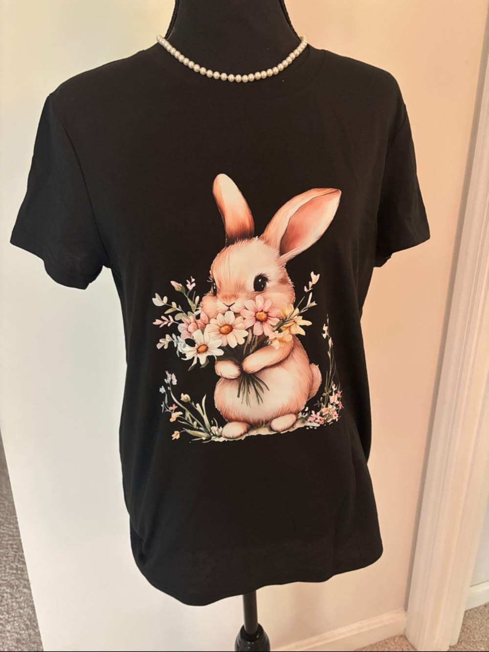Black Tee with Cute Bunny Bouquet Graphic